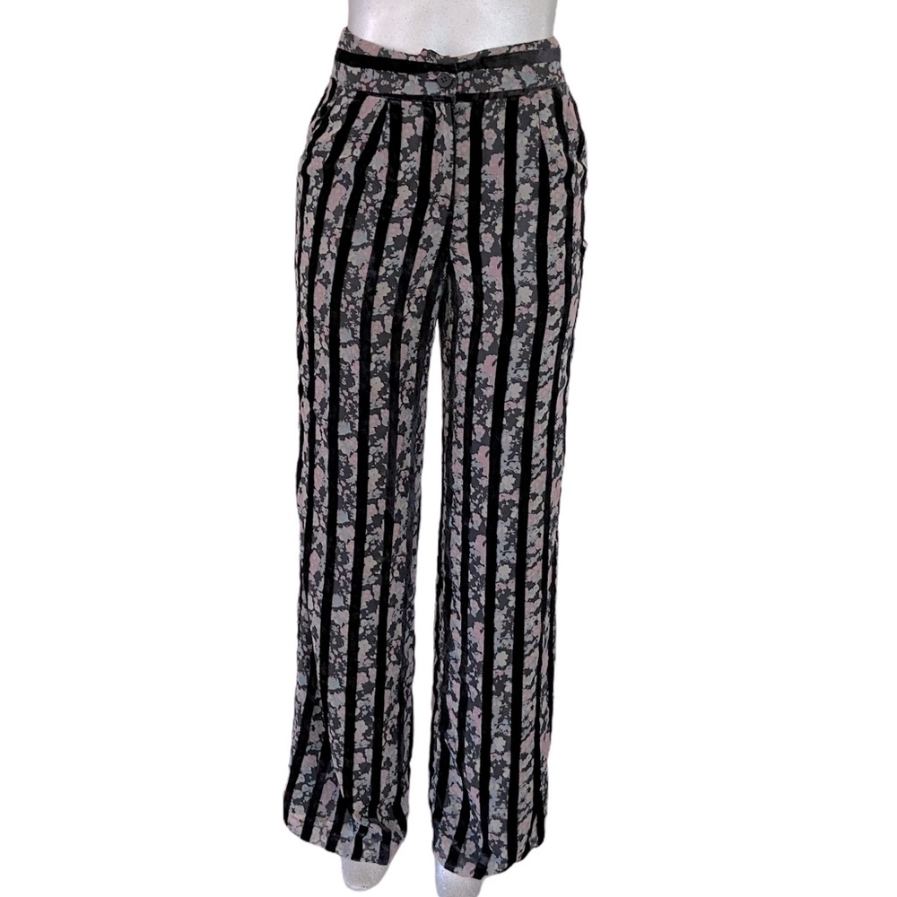Uterqüe Floral Velvet Striped Trouser Slacks High Rise Wide Leg Fairy-Goth Sz 24
